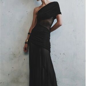 MESHKI Dallas One Shoulder Mesh Maxi Dress - Black